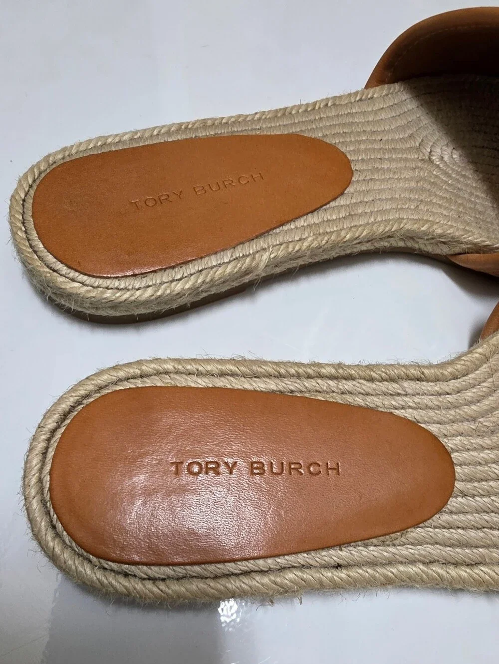 Tory Burch Cognac Leather Logo Espadrille Slide Sandals